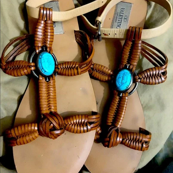 Valentino | Shoes | Valentino Flat Leather Ankle Strap Brown  Valentino Brown Sandals with Turquoise and Multicolor Straps main image 0